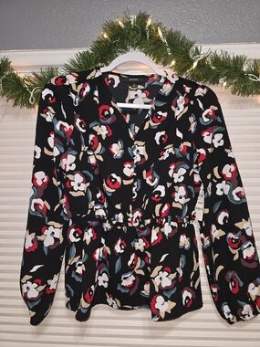 Alfani Black Floral V‑Neck Peplum Top with Red, White and Teal Accents